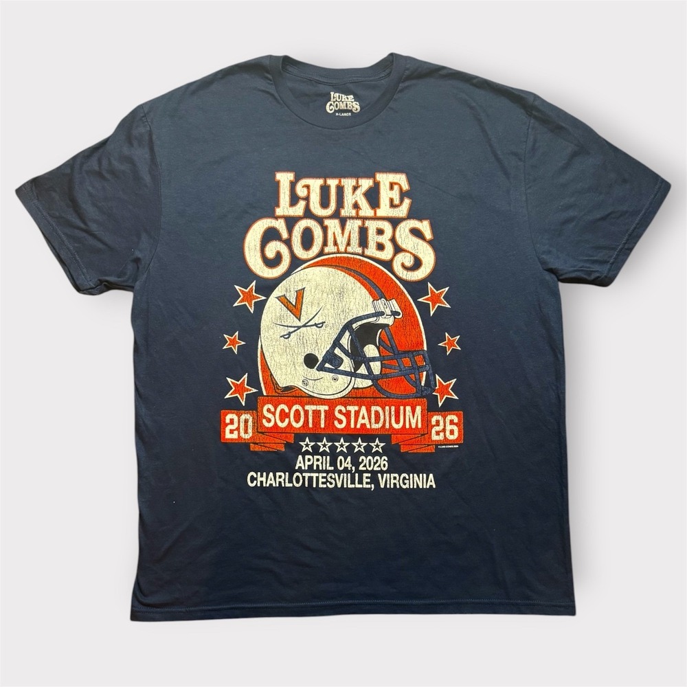 Luke Combs Scott Stadium 2026 Concert T-Shirt Navy Blue XL UVA Football Helmet